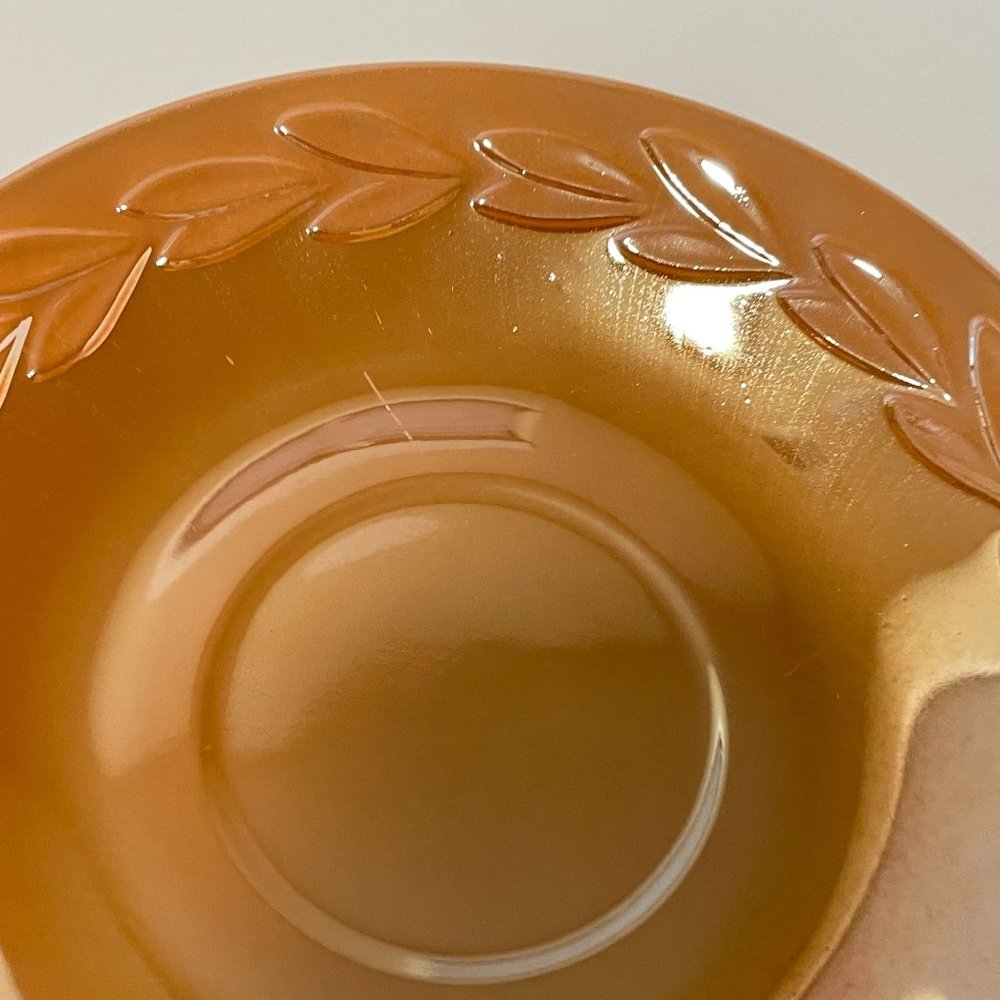 Vintage Fire King Peach Lustre Laurel Leaf Iridescent Cups and Saucers Set of 5 - Picture 13 of 16